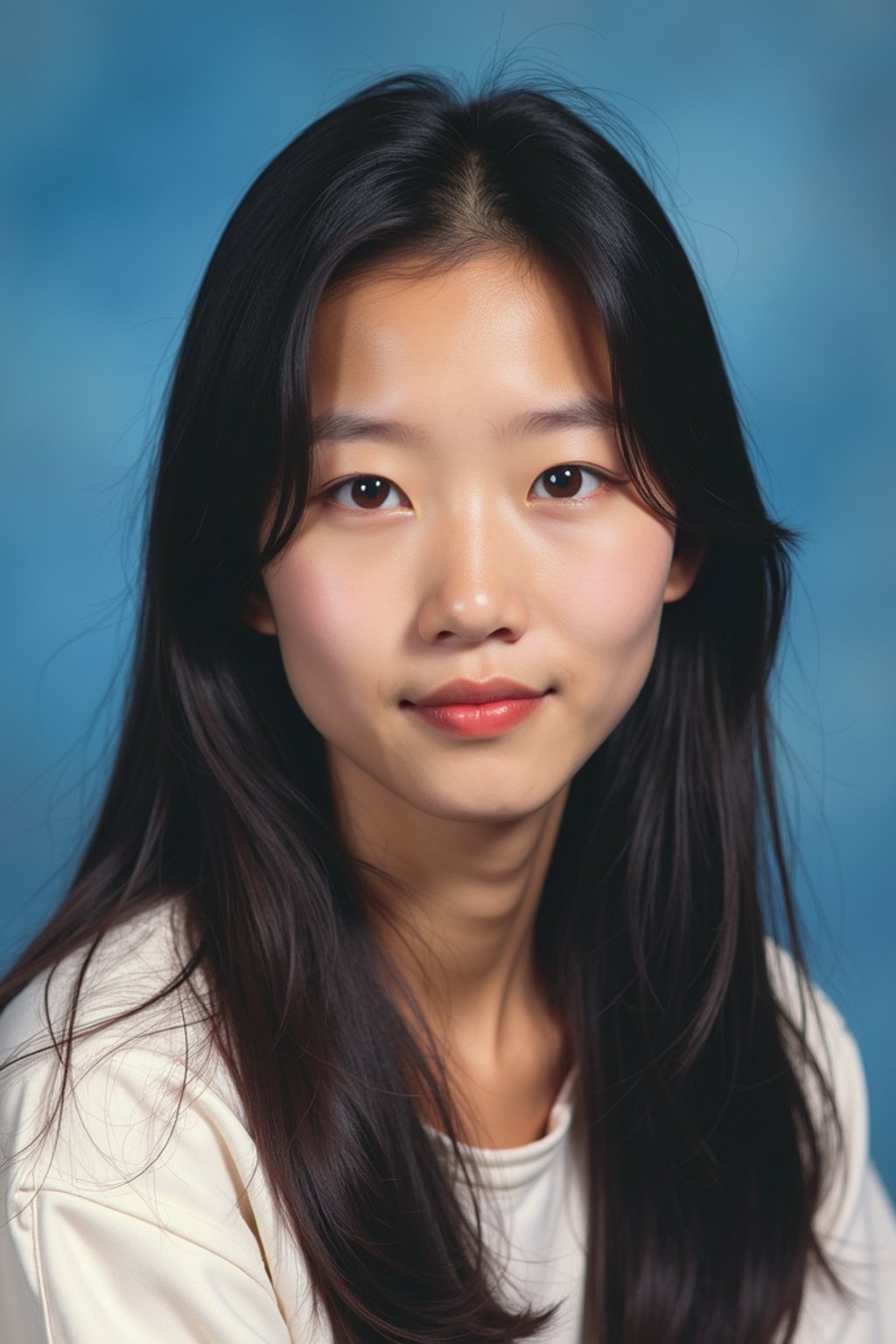 (school portrait) photo headshot of a young 18 y o woman in 1990s style, nineties style, 90s, 1990s fashion, 1990s hair, school, woman is sitting and posing for a (yearbook) picture, blue yearbook background, official school yearbook photo, woman sitting (looking straight into camera), (school shoot), (inside), blue yearbook background