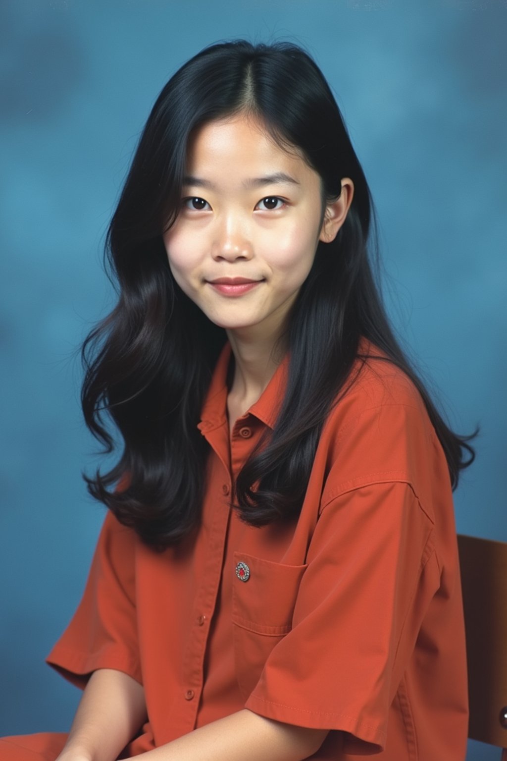 (school portrait) photo headshot of a young 18 y o woman in 1990s style, nineties style, 90s, 1990s fashion, 1990s hair, school, woman is sitting and posing for a (yearbook) picture, blue yearbook background, official school yearbook photo, woman sitting (looking straight into camera), (school shoot), (inside), blue yearbook background