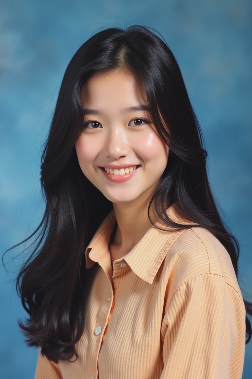 (school portrait) photo headshot of a young 18 y o woman in 1990s style, nineties style, 90s, 1990s fashion, 1990s hair, school, woman is sitting and posing for a (yearbook) picture, blue yearbook background, official school yearbook photo, woman sitting (looking straight into camera), (school shoot), (inside), blue yearbook background