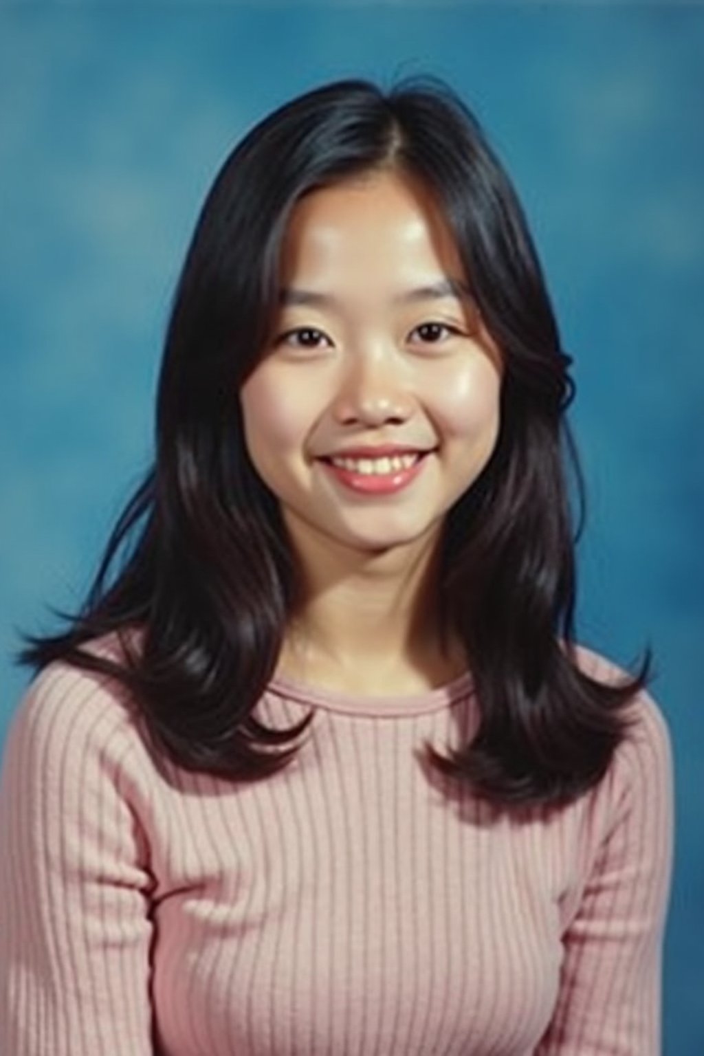 (school portrait) photo headshot of a young 18 y o woman in 1990s style, nineties style, 90s, 1990s fashion, 1990s hair, school, woman is sitting and posing for a (yearbook) picture, blue yearbook background, official school yearbook photo, woman sitting (looking straight into camera), (school shoot), (inside), blue yearbook background