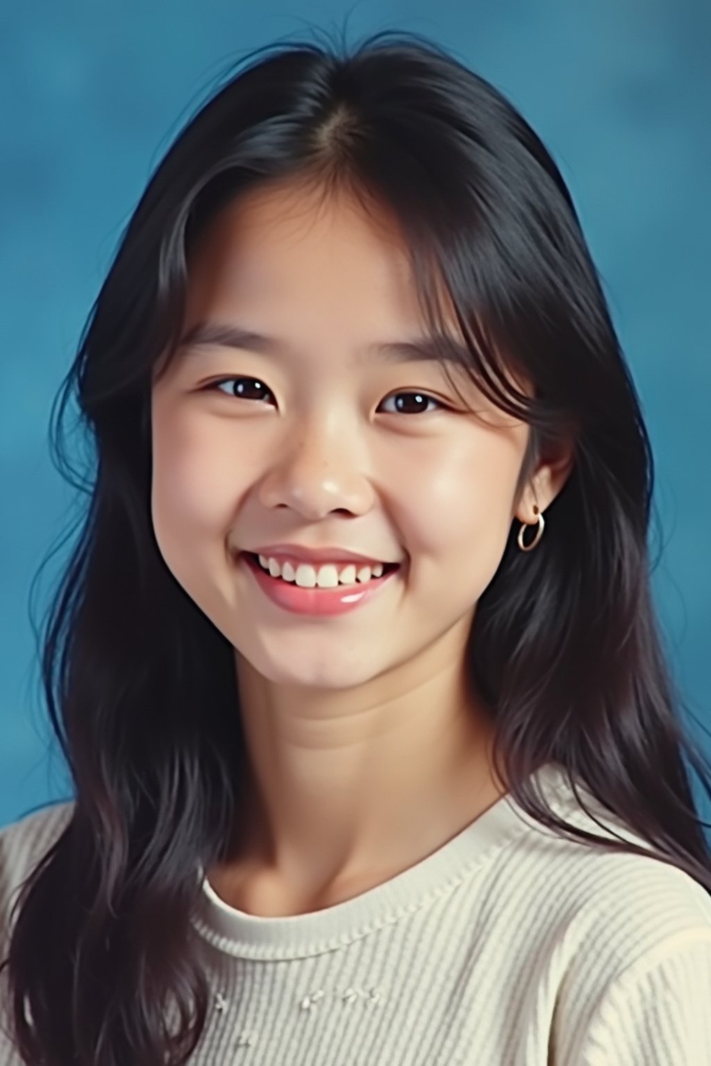 (school portrait) photo headshot of a young 18 y o woman in 1990s style, nineties style, 90s, 1990s fashion, 1990s hair, school, woman is sitting and posing for a (yearbook) picture, blue yearbook background, official school yearbook photo, woman sitting (looking straight into camera), (school shoot), (inside), blue yearbook background