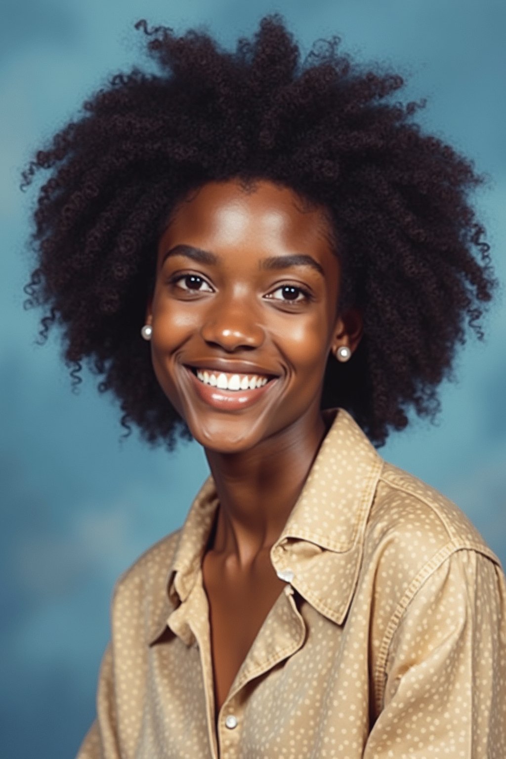 (school portrait) photo headshot of a young 18 y o woman in 1990s style, nineties style, 90s, 1990s fashion, 1990s hair, school, woman is sitting and posing for a (yearbook) picture, blue yearbook background, official school yearbook photo, woman sitting (looking straight into camera), (school shoot), (inside), blue yearbook background