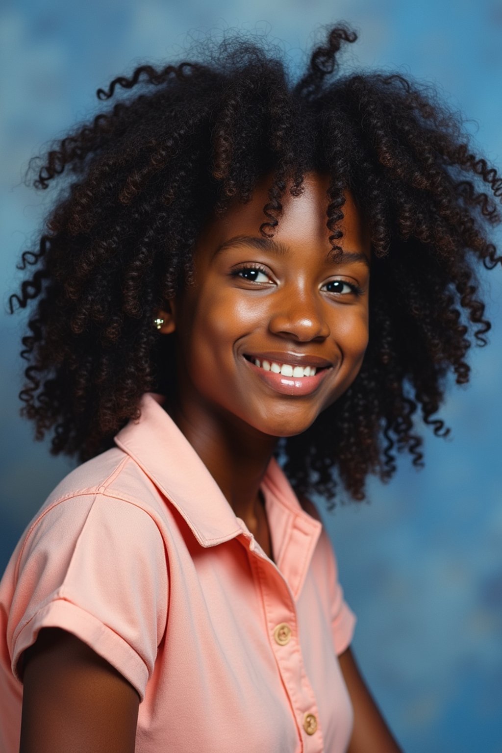 (school portrait) photo headshot of a young 18 y o woman in 1990s style, nineties style, 90s, 1990s fashion, 1990s hair, school, woman is sitting and posing for a (yearbook) picture, blue yearbook background, official school yearbook photo, woman sitting (looking straight into camera), (school shoot), (inside), blue yearbook background