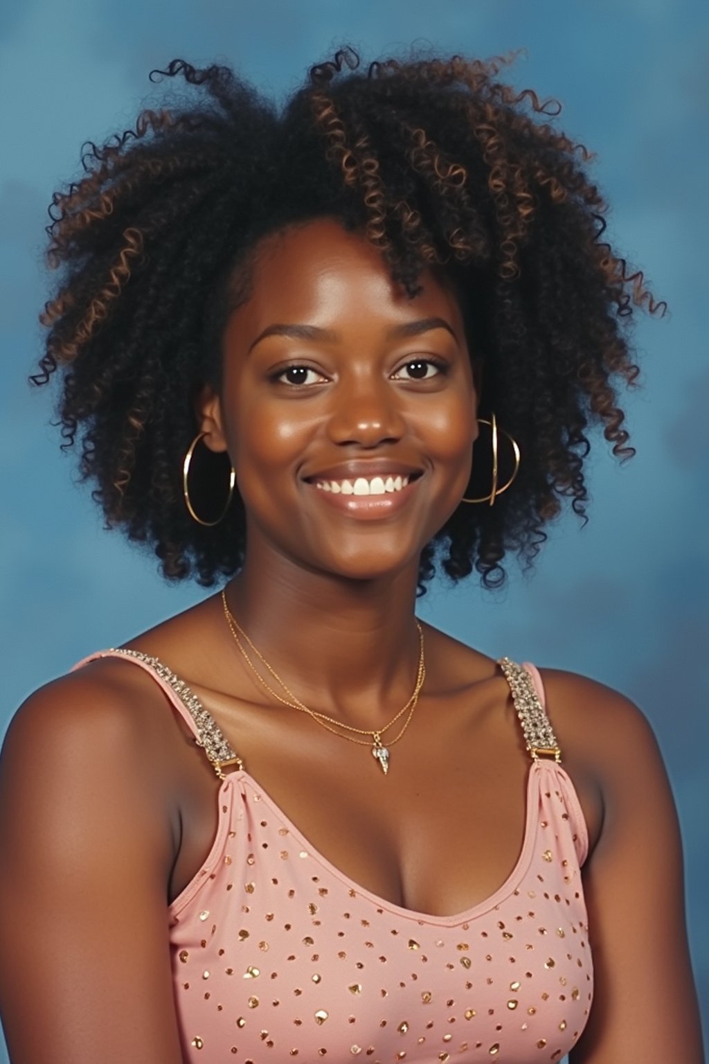 (school portrait) photo headshot of a young 18 y o woman in 1990s style, nineties style, 90s, 1990s fashion, 1990s hair, school, woman is sitting and posing for a (yearbook) picture, blue yearbook background, official school yearbook photo, woman sitting (looking straight into camera), (school shoot), (inside), blue yearbook background