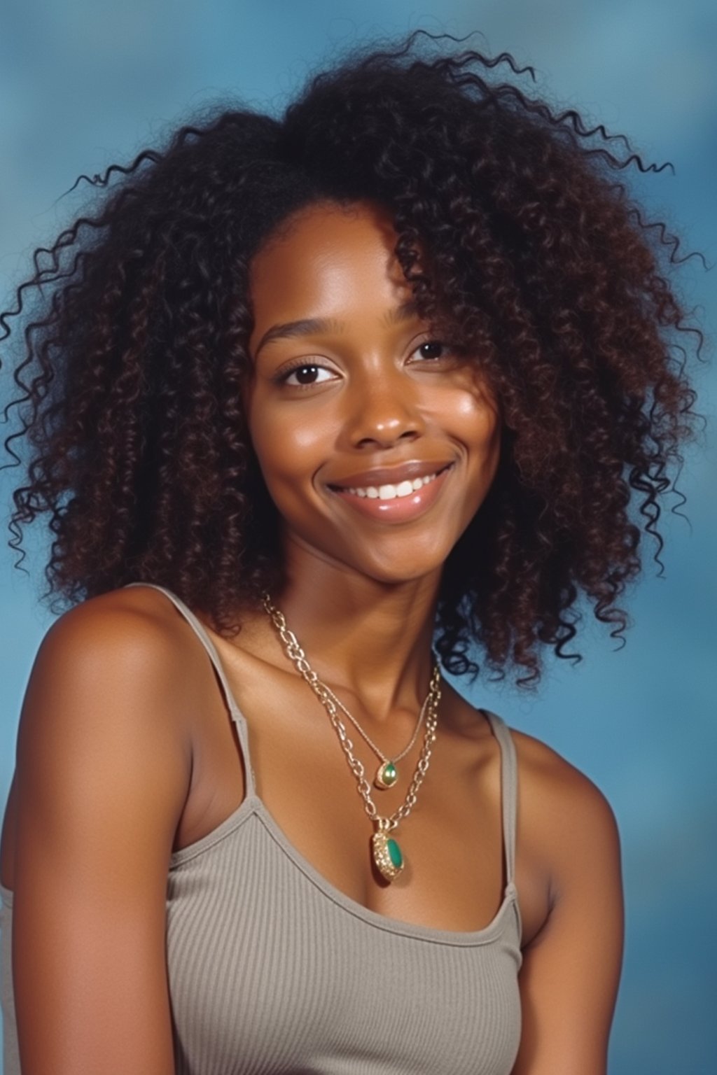 (school portrait) photo headshot of a young 18 y o woman in 1990s style, nineties style, 90s, 1990s fashion, 1990s hair, school, woman is sitting and posing for a (yearbook) picture, blue yearbook background, official school yearbook photo, woman sitting (looking straight into camera), (school shoot), (inside), blue yearbook background