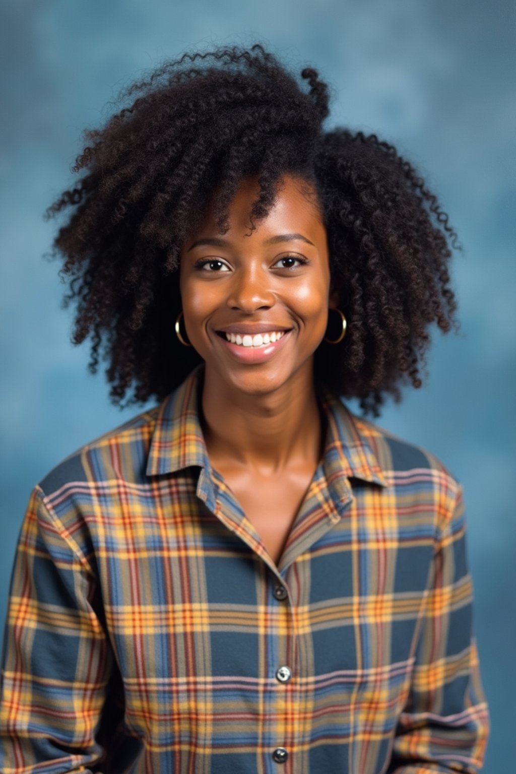 (school portrait) photo headshot of a young 18 y o woman in 1990s style, nineties style, 90s, 1990s fashion, 1990s hair, school, woman is sitting and posing for a (yearbook) picture, blue yearbook background, official school yearbook photo, woman sitting (looking straight into camera), (school shoot), (inside), blue yearbook background