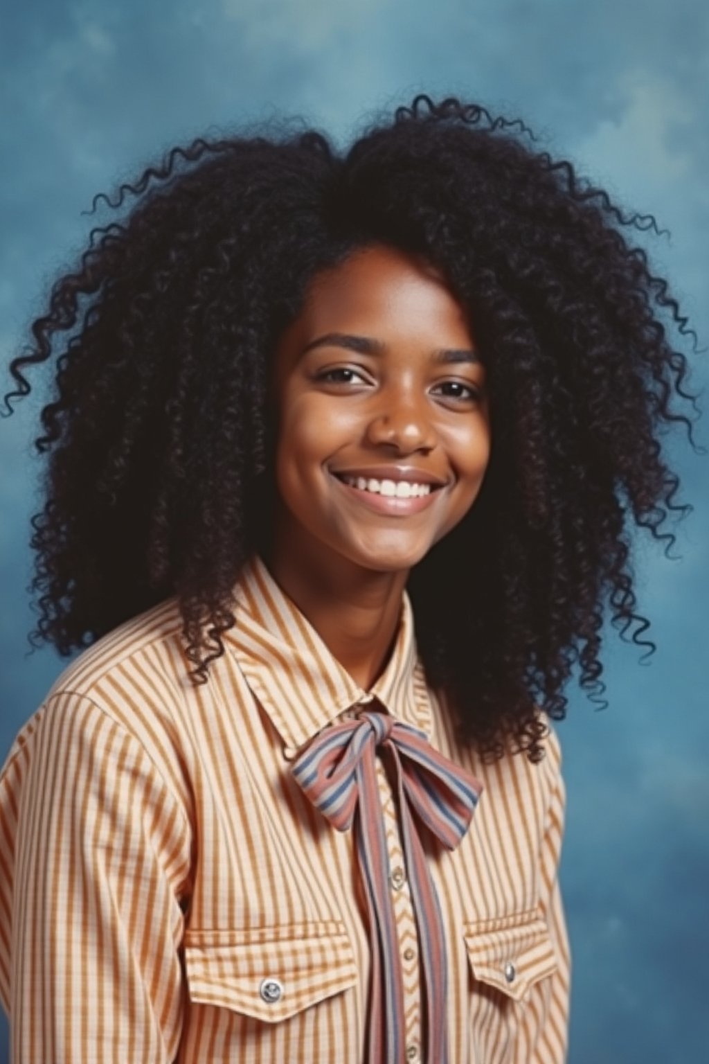 (school portrait) photo headshot of a young 18 y o woman in 1990s style, nineties style, 90s, 1990s fashion, 1990s hair, school, woman is sitting and posing for a (yearbook) picture, blue yearbook background, official school yearbook photo, woman sitting (looking straight into camera), (school shoot), (inside), blue yearbook background