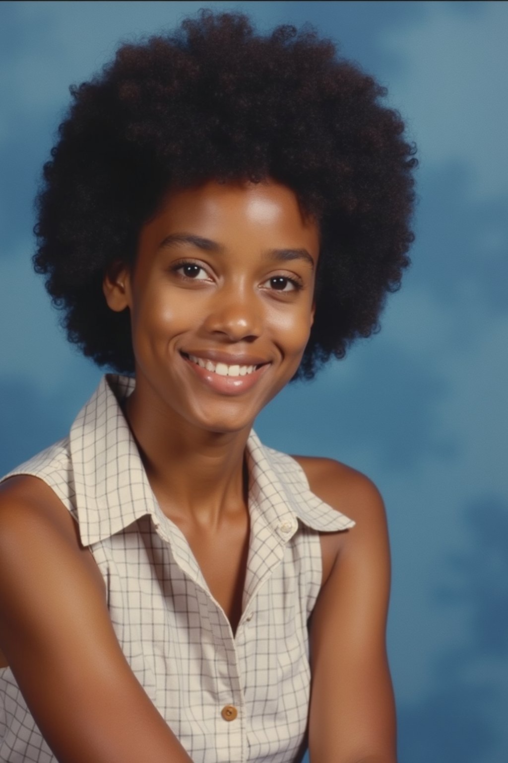 (school portrait) photo headshot of a young 18 y o woman in 1990s style, nineties style, 90s, 1990s fashion, 1990s hair, school, woman is sitting and posing for a (yearbook) picture, blue yearbook background, official school yearbook photo, woman sitting (looking straight into camera), (school shoot), (inside), blue yearbook background