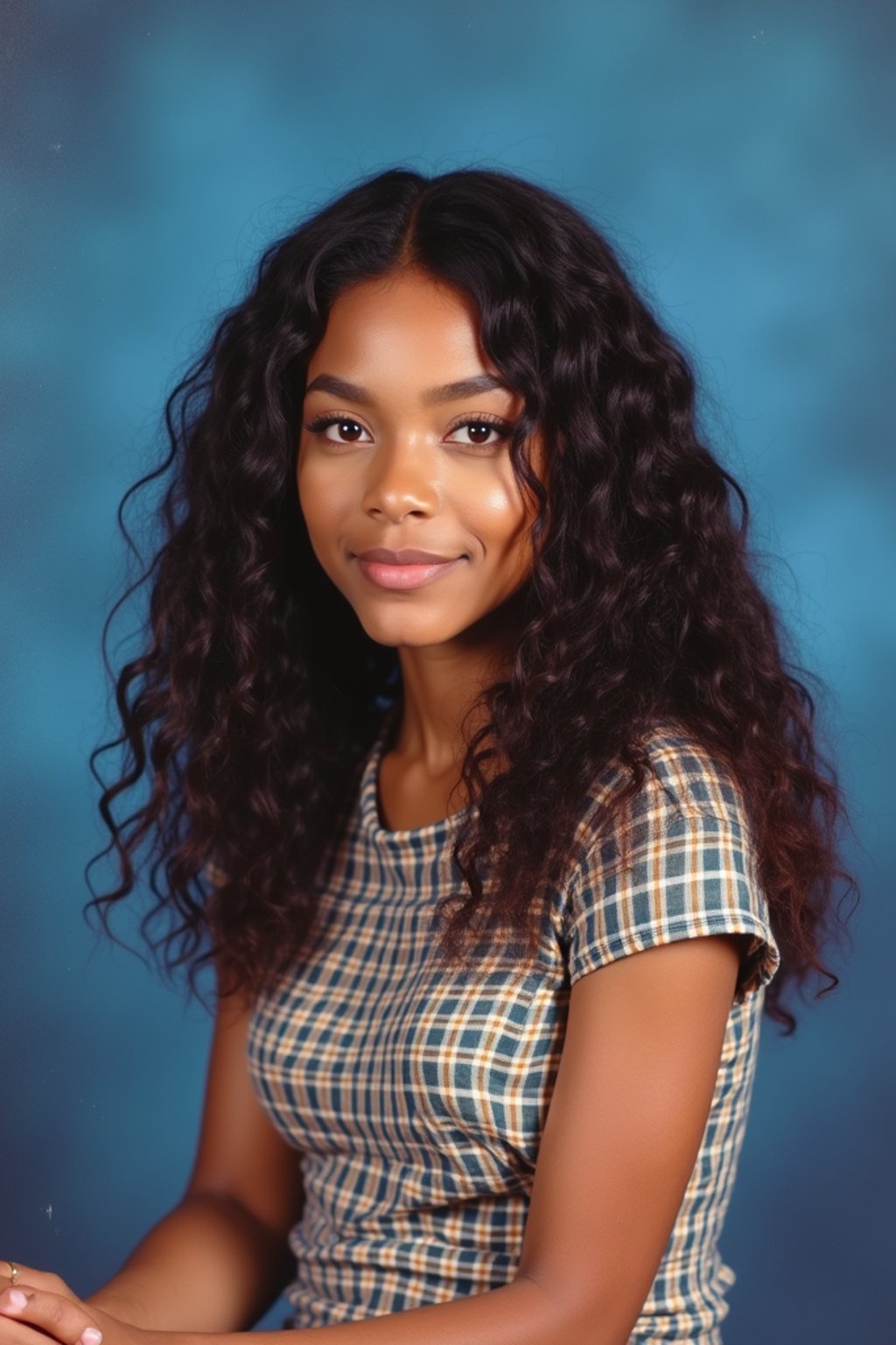 (school portrait) photo headshot of a young 18 y o woman in 1990s style, nineties style, 90s, 1990s fashion, 1990s hair, school, woman is sitting and posing for a (yearbook) picture, blue yearbook background, official school yearbook photo, woman sitting (looking straight into camera), (school shoot), (inside), blue yearbook background