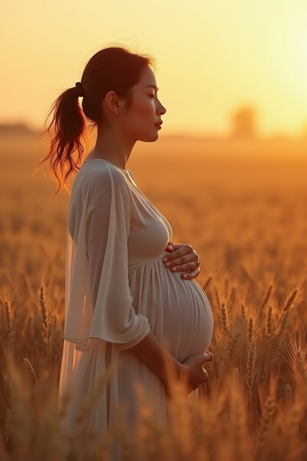 healthy pregnant woman in maternity photographs, beautiful pregnant woman, maternity photography in field of wheat. golden hour