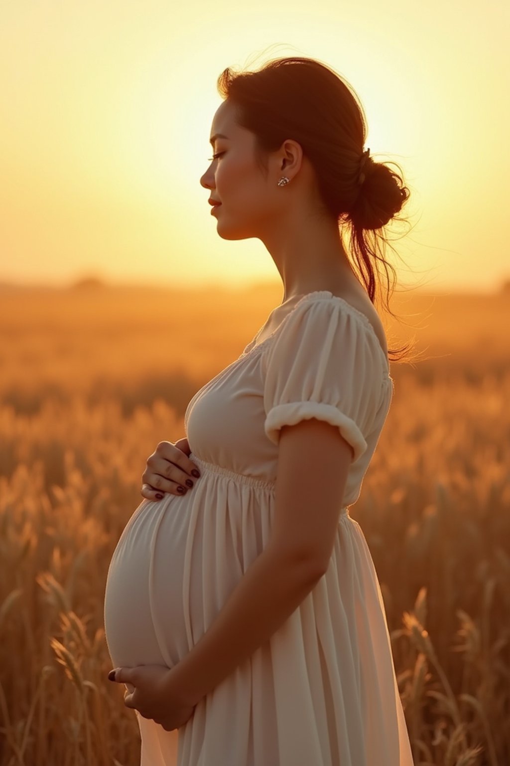 healthy pregnant woman in maternity photographs, beautiful pregnant woman, maternity photography in field of wheat. golden hour