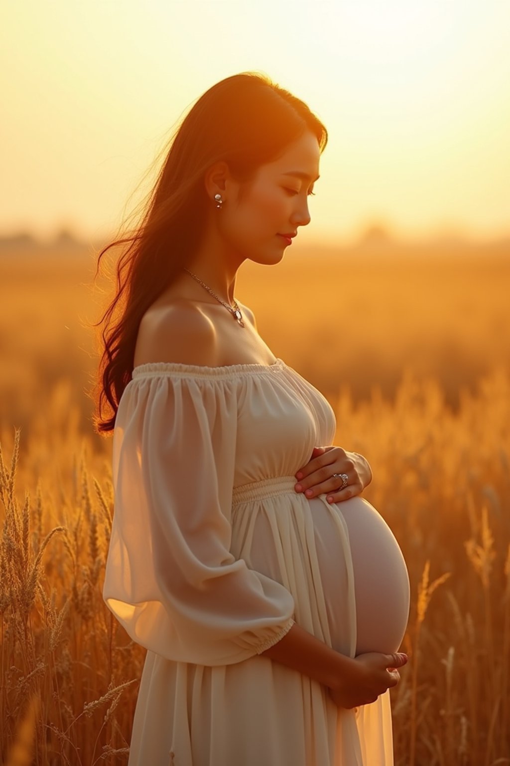 healthy pregnant woman in maternity photographs, beautiful pregnant woman, maternity photography in field of wheat. golden hour