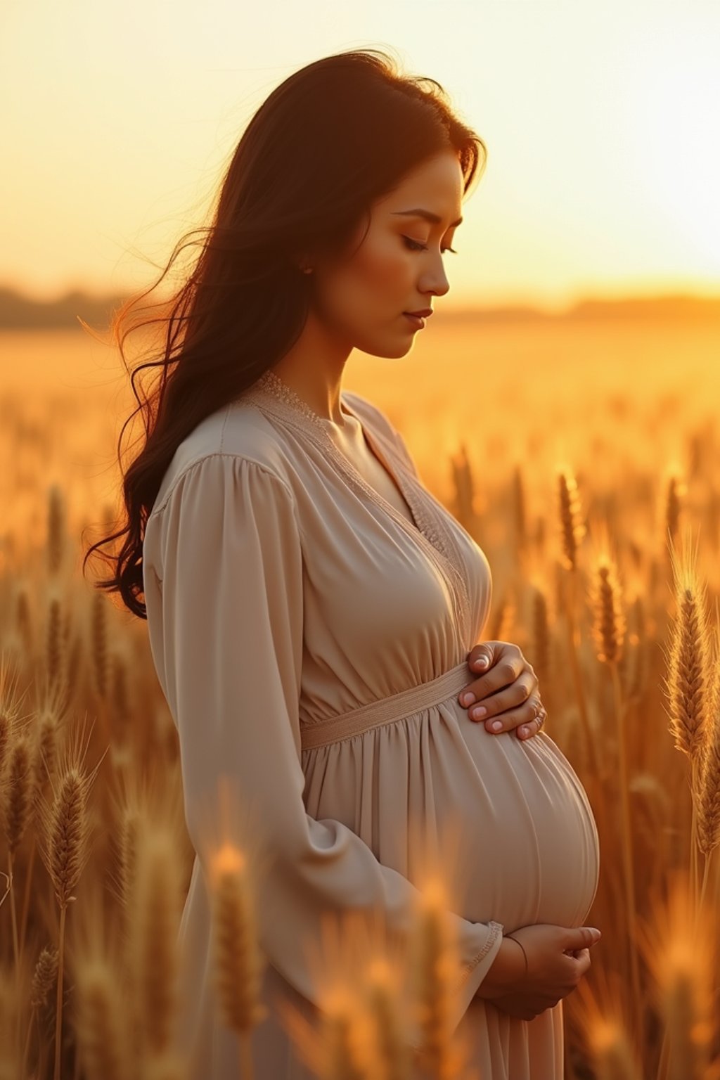 healthy pregnant woman in maternity photographs, beautiful pregnant woman, maternity photography in field of wheat. golden hour