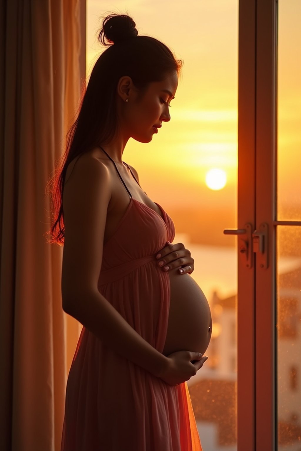 healthy pregnant woman in maternity photographs, beautiful pregnant woman, maternity photography in beautiful home. golden hour