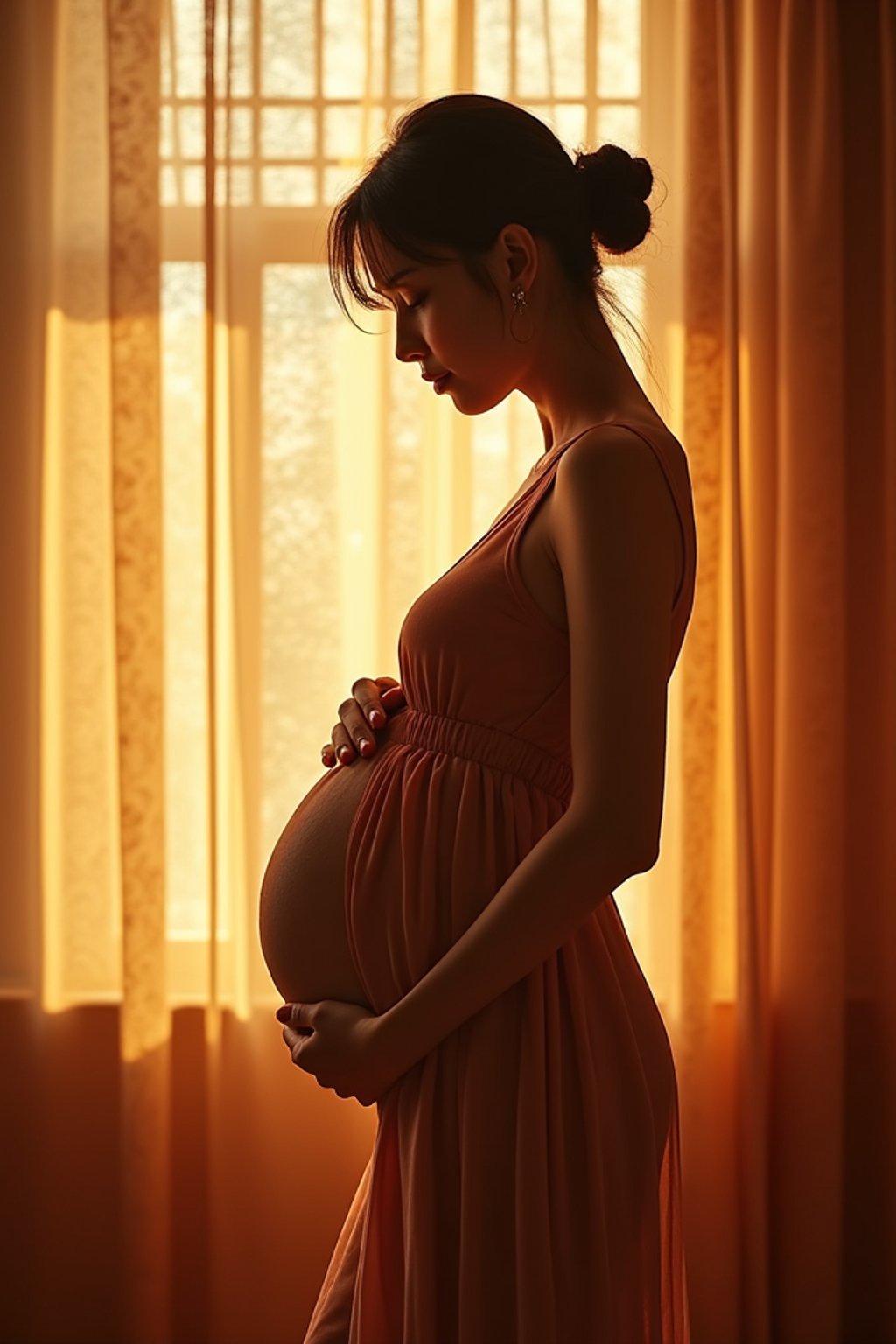 healthy pregnant woman in maternity photographs, beautiful pregnant woman, maternity photography in beautiful home. golden hour