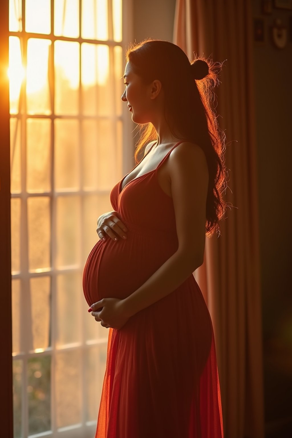 healthy pregnant woman in maternity photographs, beautiful pregnant woman, maternity photography in beautiful home. golden hour