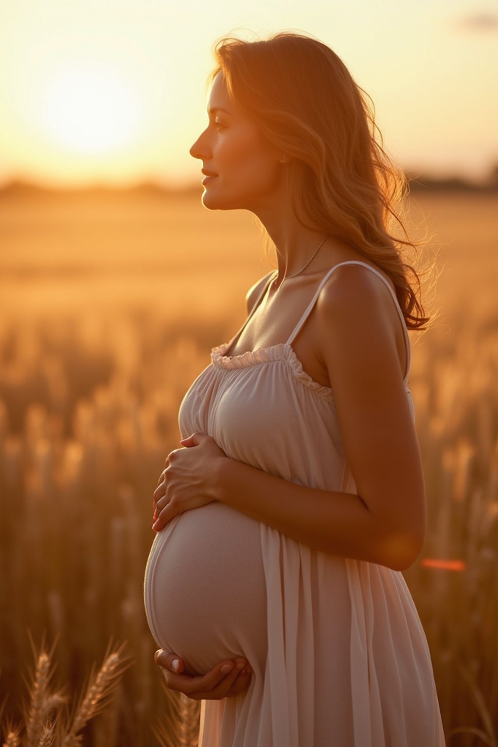 healthy pregnant woman in maternity photographs, beautiful pregnant woman, maternity photography in field of wheat. golden hour