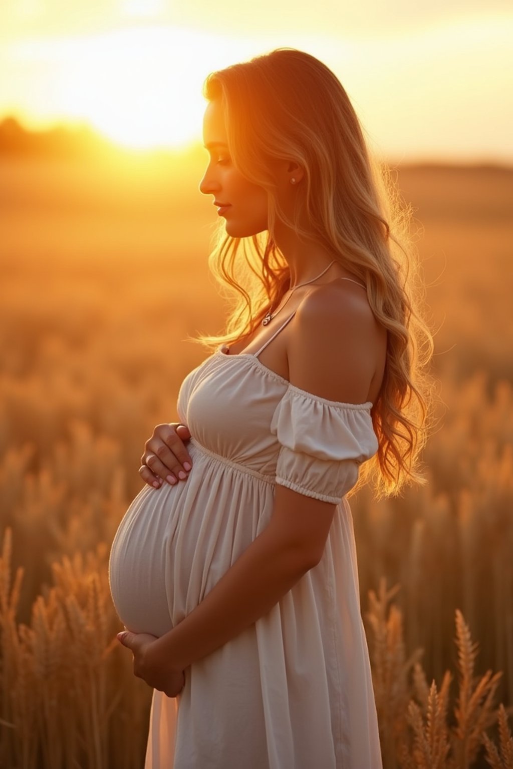 healthy pregnant woman in maternity photographs, beautiful pregnant woman, maternity photography in field of wheat. golden hour