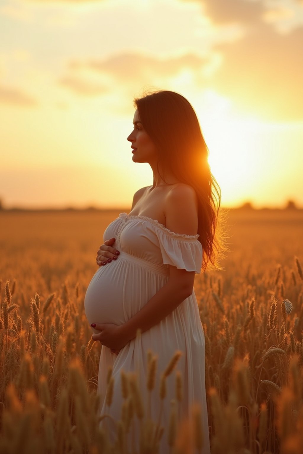 healthy pregnant woman in maternity photographs, beautiful pregnant woman, maternity photography in field of wheat. golden hour