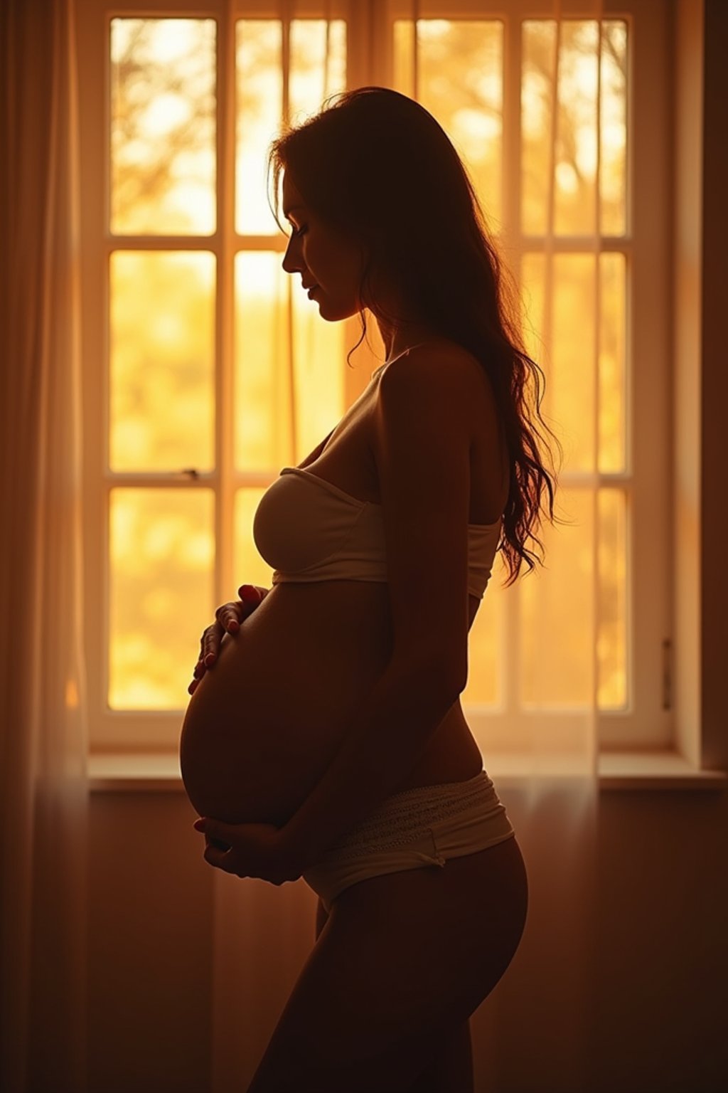 healthy pregnant woman in maternity photographs, beautiful pregnant woman, maternity photography in beautiful home. golden hour