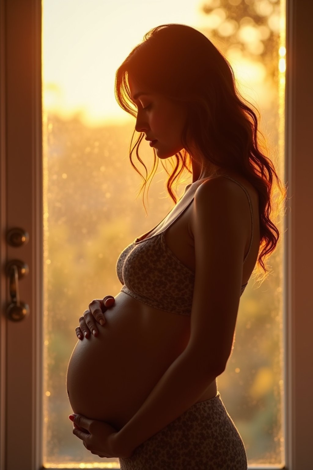 healthy pregnant woman in maternity photographs, beautiful pregnant woman, maternity photography in beautiful home. golden hour