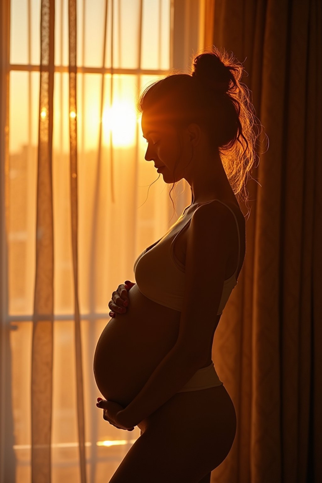 healthy pregnant woman in maternity photographs, beautiful pregnant woman, maternity photography in beautiful home. golden hour