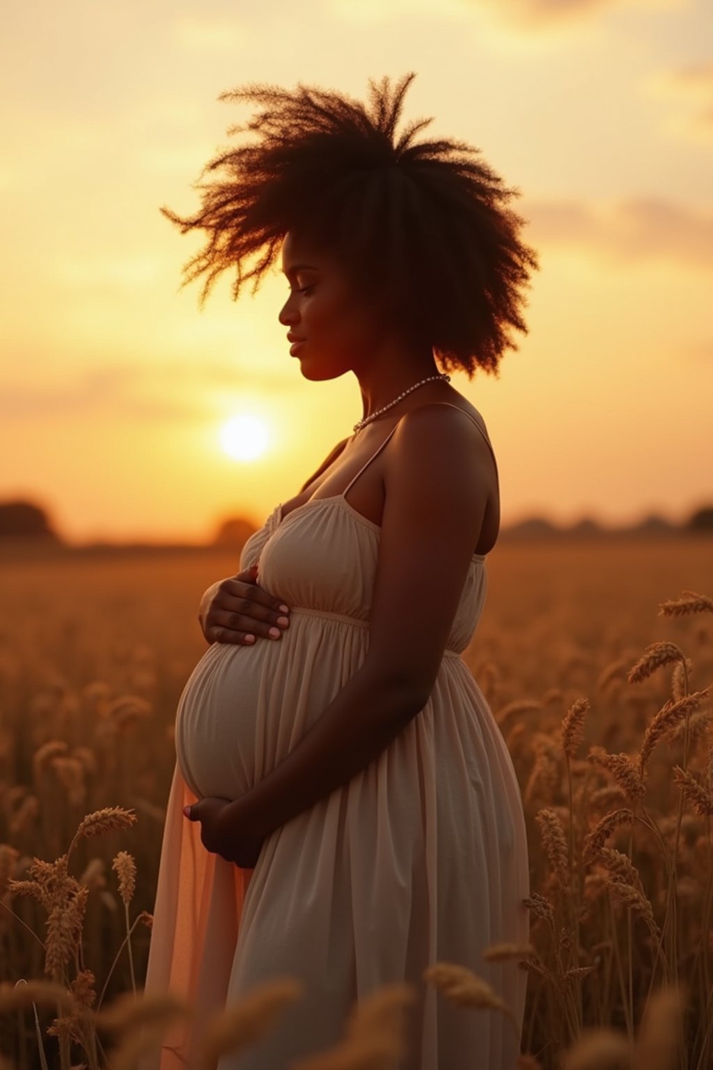 healthy pregnant woman in maternity photographs, beautiful pregnant woman, maternity photography in field of wheat. golden hour