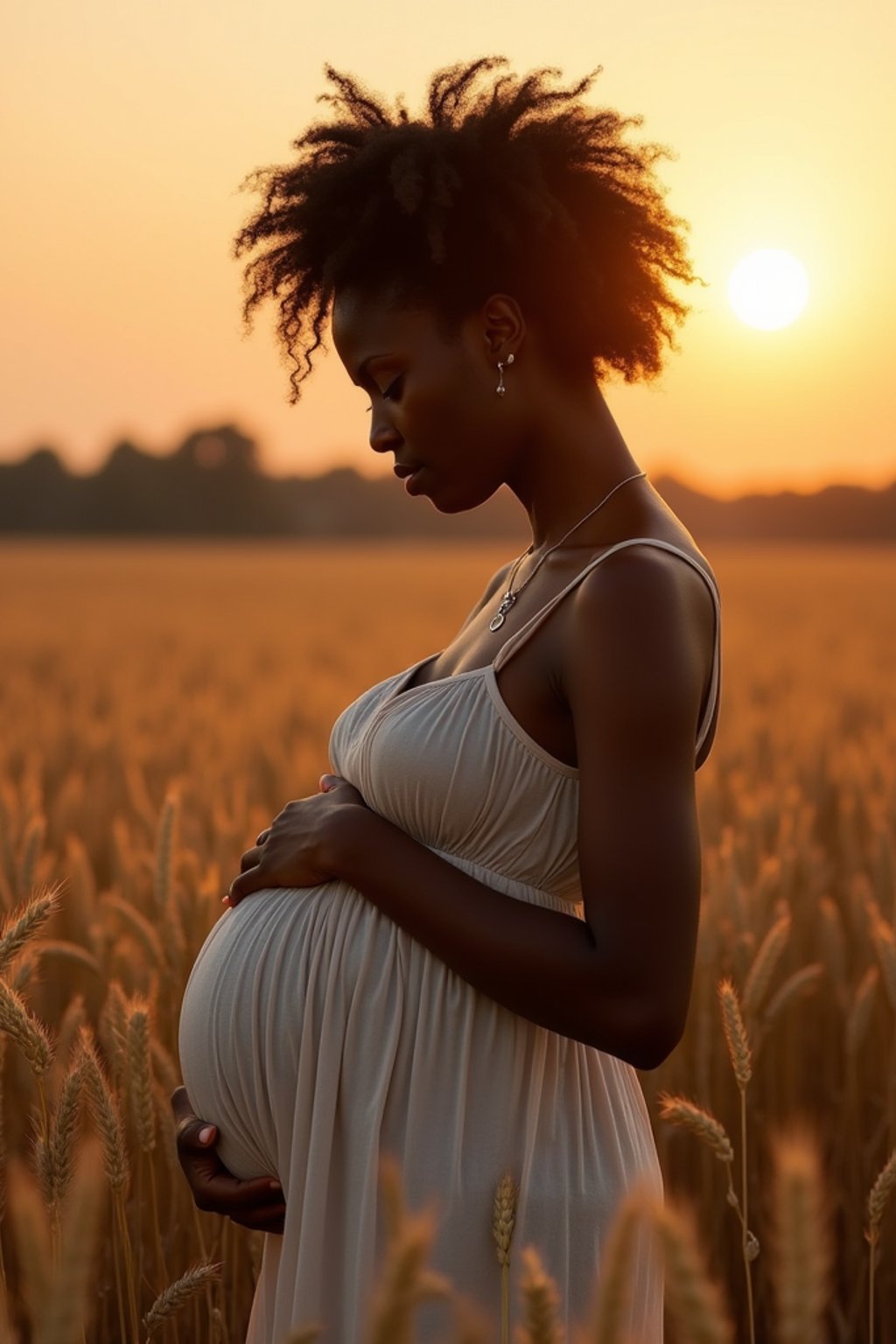 healthy pregnant woman in maternity photographs, beautiful pregnant woman, maternity photography in field of wheat. golden hour