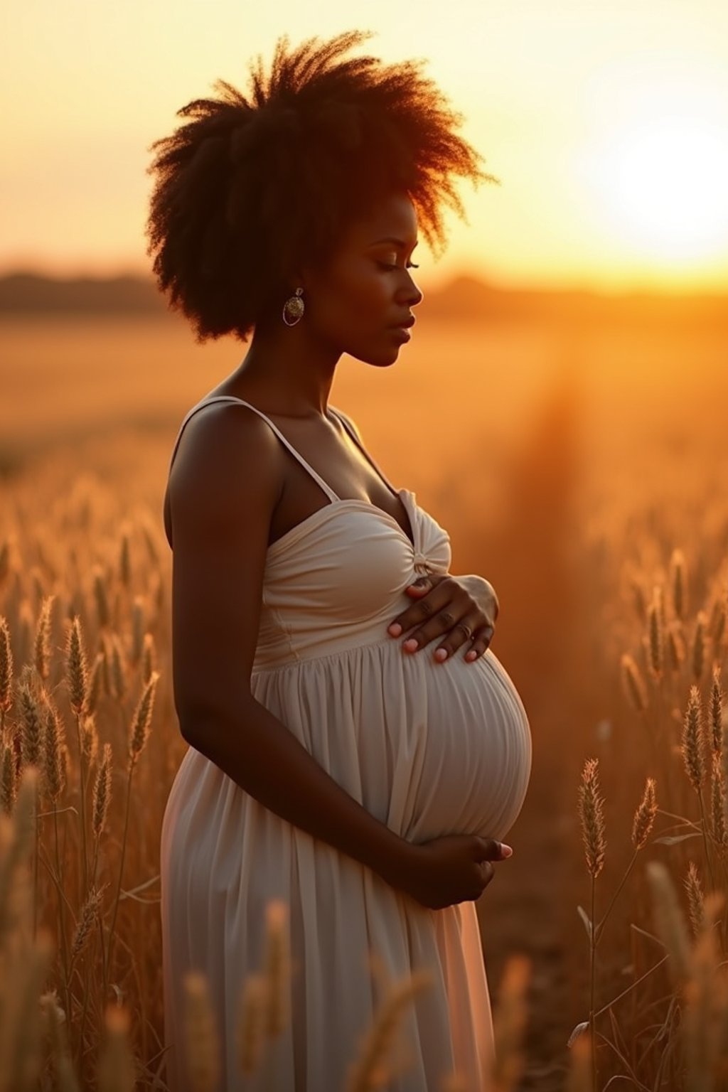 healthy pregnant woman in maternity photographs, beautiful pregnant woman, maternity photography in field of wheat. golden hour