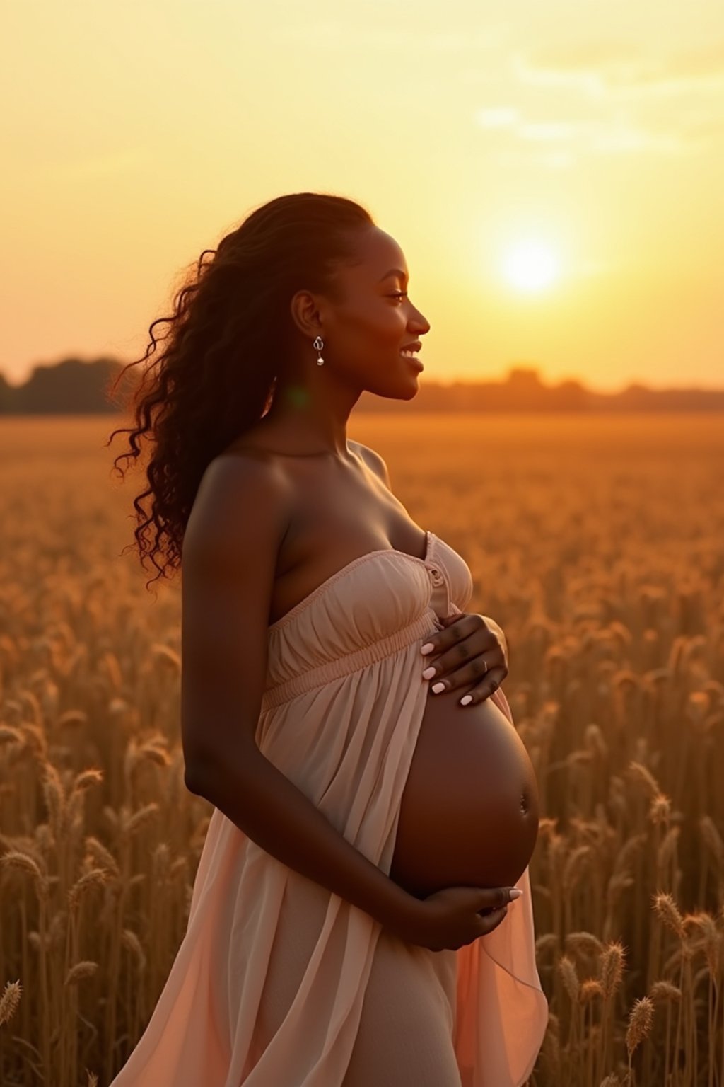 healthy pregnant woman in maternity photographs, beautiful pregnant woman, maternity photography in field of wheat. golden hour