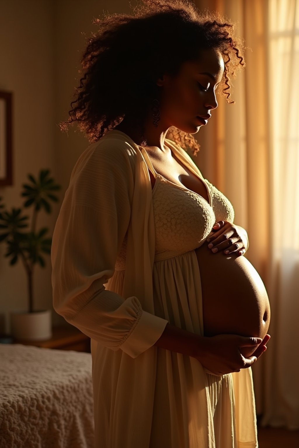 healthy pregnant woman in maternity photographs, beautiful pregnant woman, maternity photography in beautiful home. golden hour