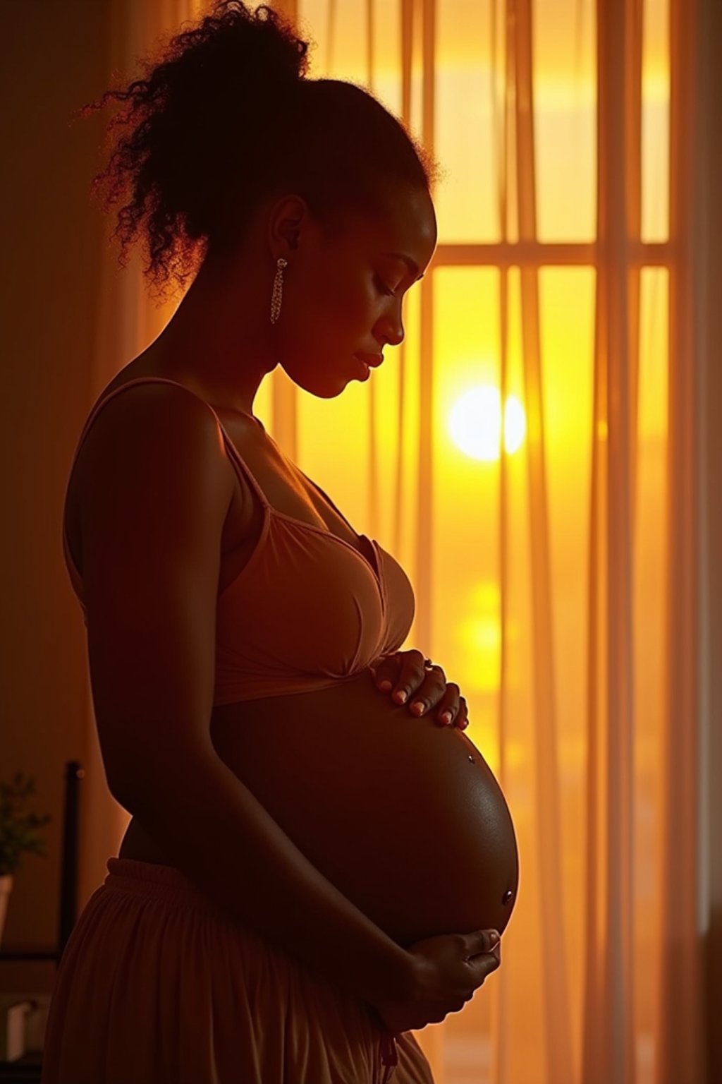 healthy pregnant woman in maternity photographs, beautiful pregnant woman, maternity photography in beautiful home. golden hour