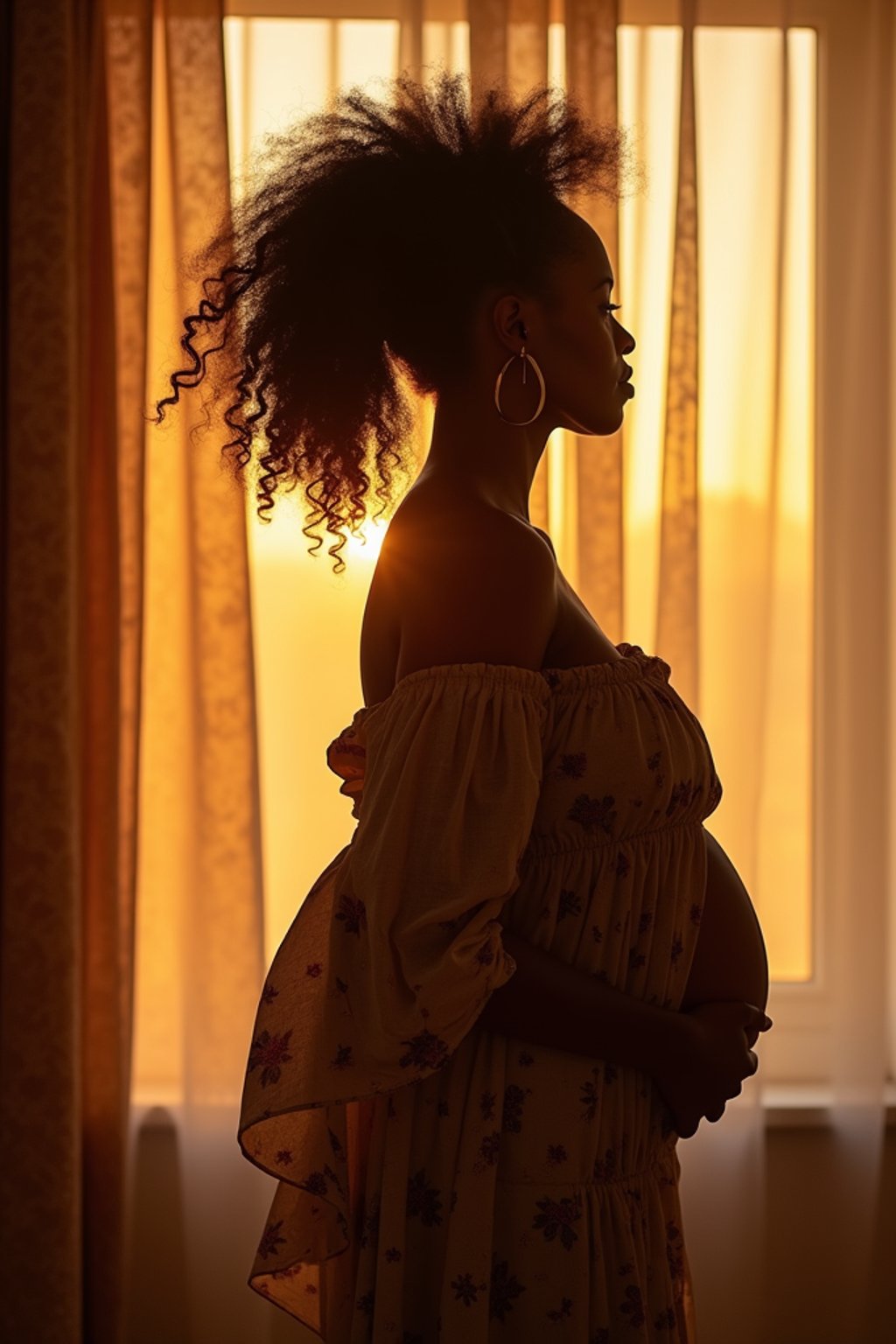 healthy pregnant woman in maternity photographs, beautiful pregnant woman, maternity photography in beautiful home. golden hour