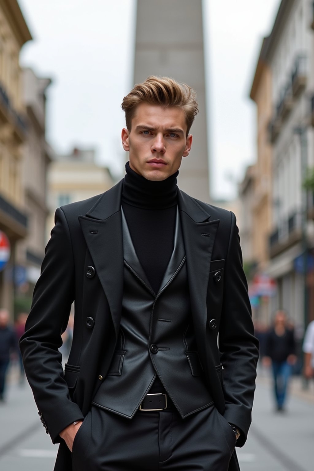 sharp and trendy man in Buenos Aires wearing a modern street style outfit, Obelisco de Buenos Aires in the background