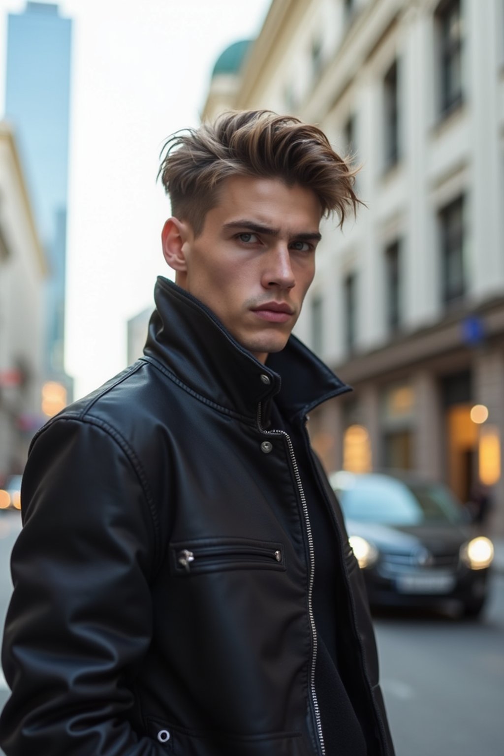 sharp and trendy man in Buenos Aires wearing a modern street style outfit, Obelisco de Buenos Aires in the background