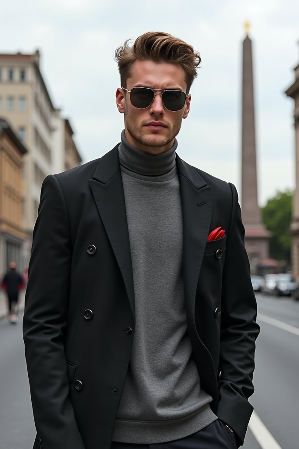 sharp and trendy man in Buenos Aires wearing a modern street style outfit, Obelisco de Buenos Aires in the background