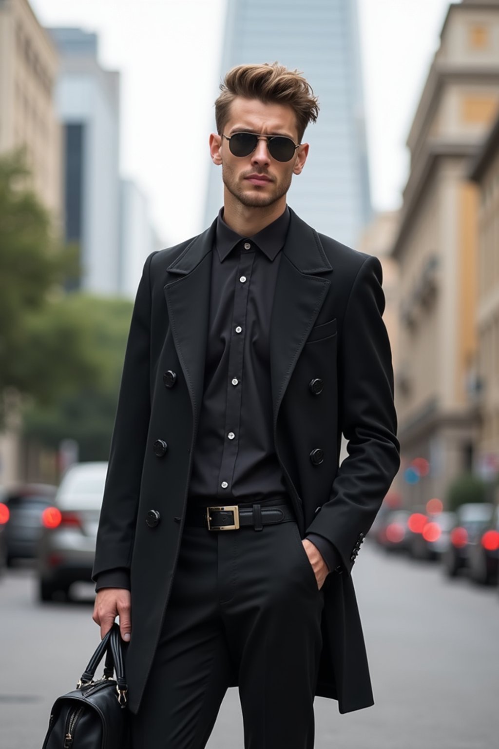 sharp and trendy man in Buenos Aires wearing a modern street style outfit, Obelisco de Buenos Aires in the background