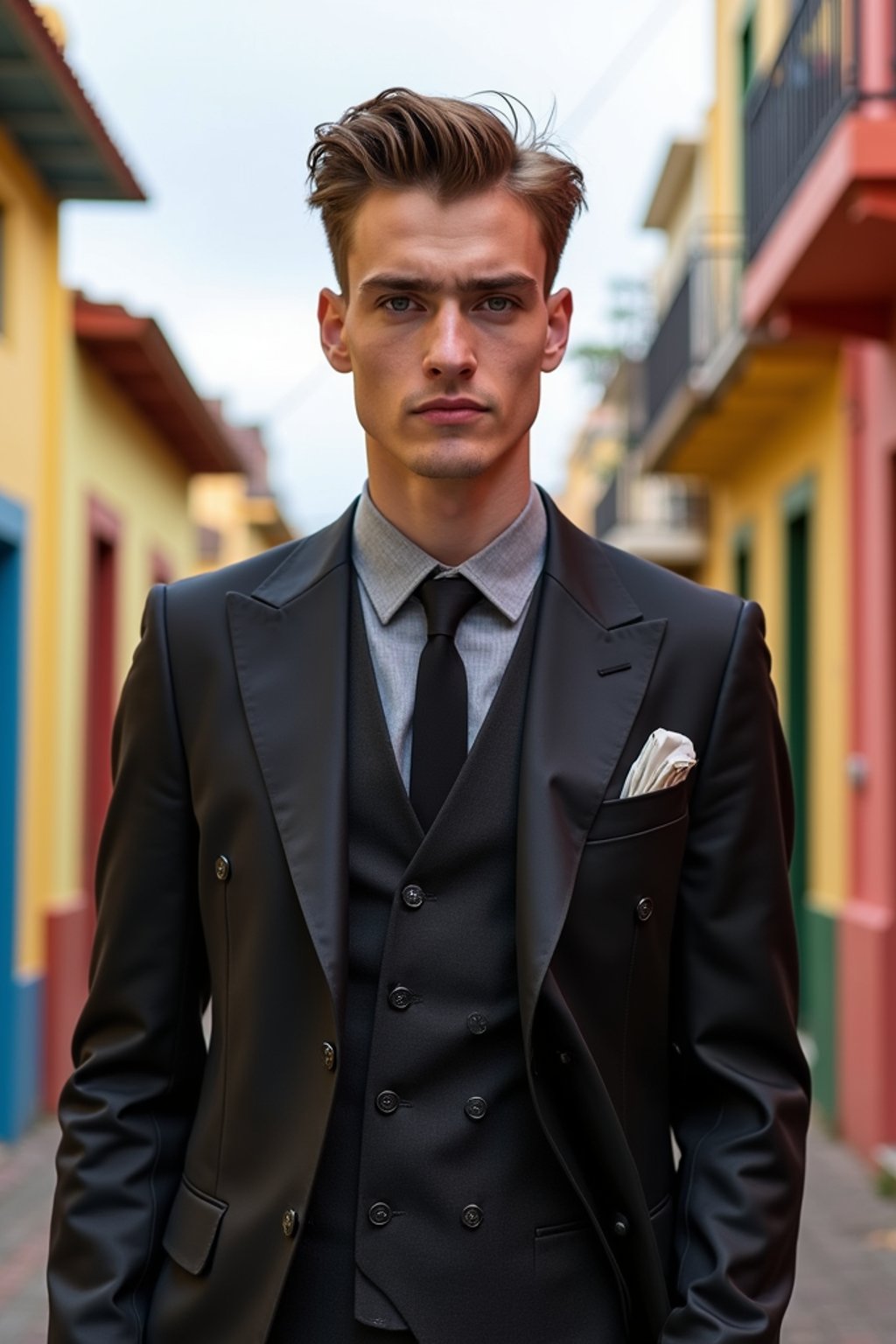 sharp and trendy man in Buenos Aires wearing a tango-inspired dress/suit, colorful houses of La Boca neighborhood in the background