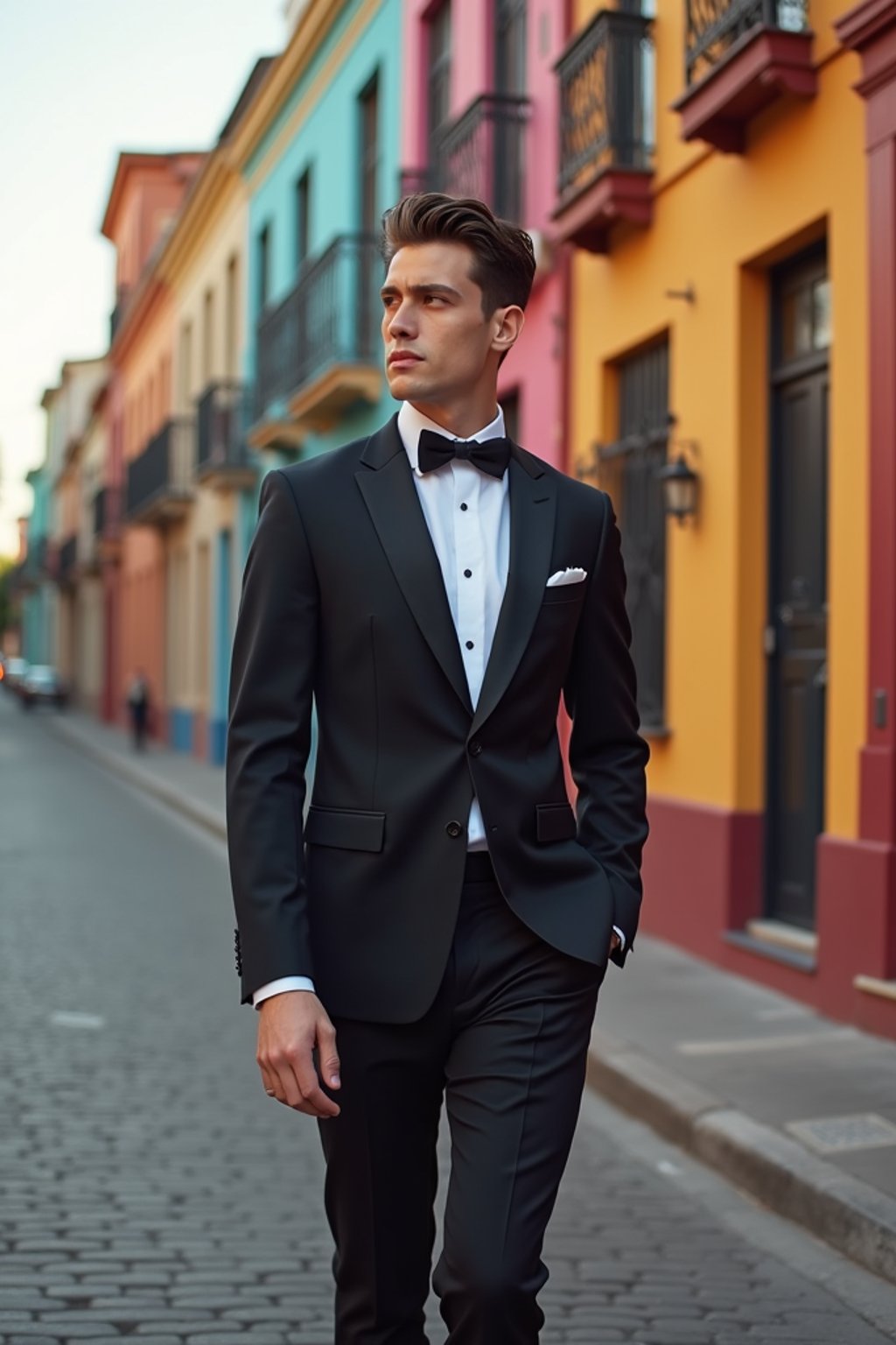 sharp and trendy man in Buenos Aires wearing a tango-inspired dress/suit, colorful houses of La Boca neighborhood in the background