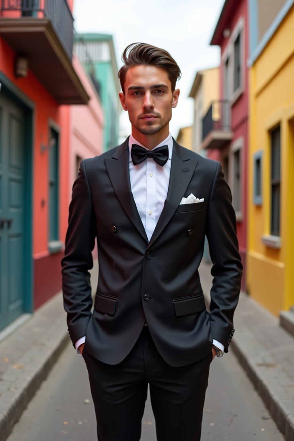 sharp and trendy man in Buenos Aires wearing a tango-inspired dress/suit, colorful houses of La Boca neighborhood in the background