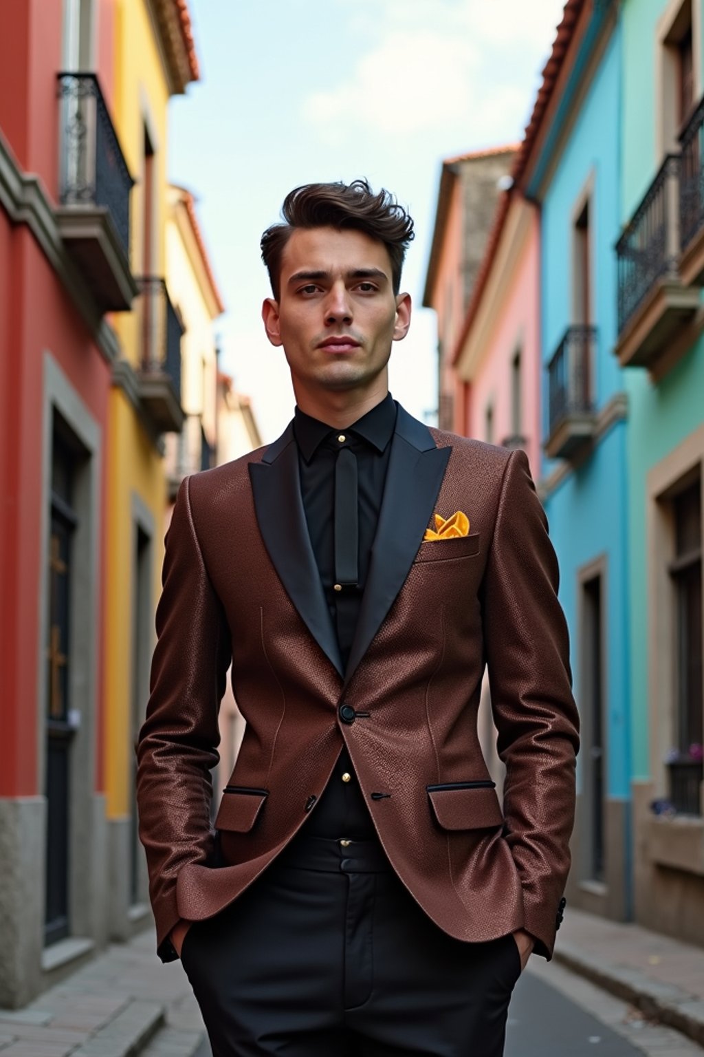 sharp and trendy man in Buenos Aires wearing a tango-inspired dress/suit, colorful houses of La Boca neighborhood in the background