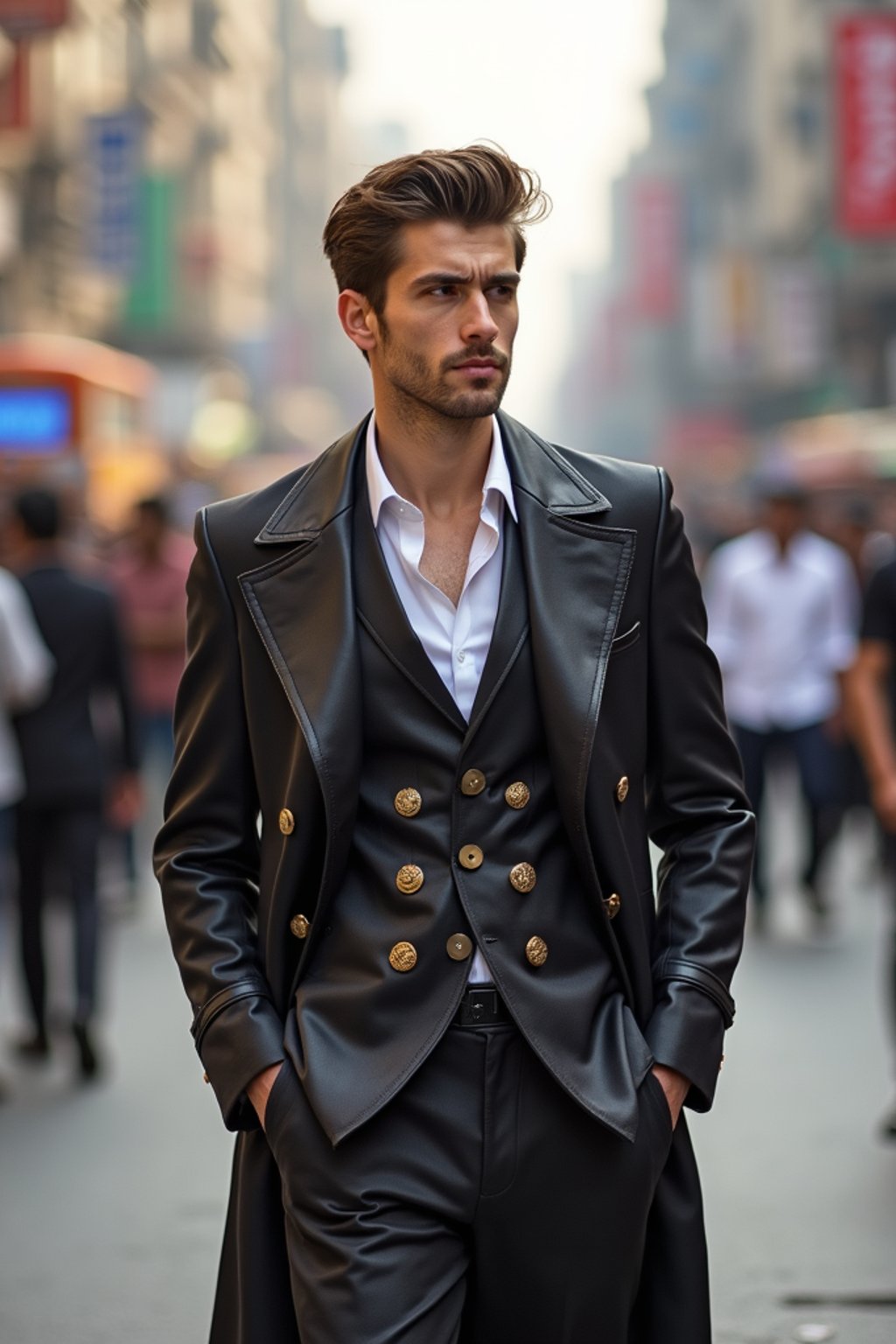 sharp and trendy man in Mumbai wearing a contemporary fusion outfit, bustling streets of Mumbai in the background