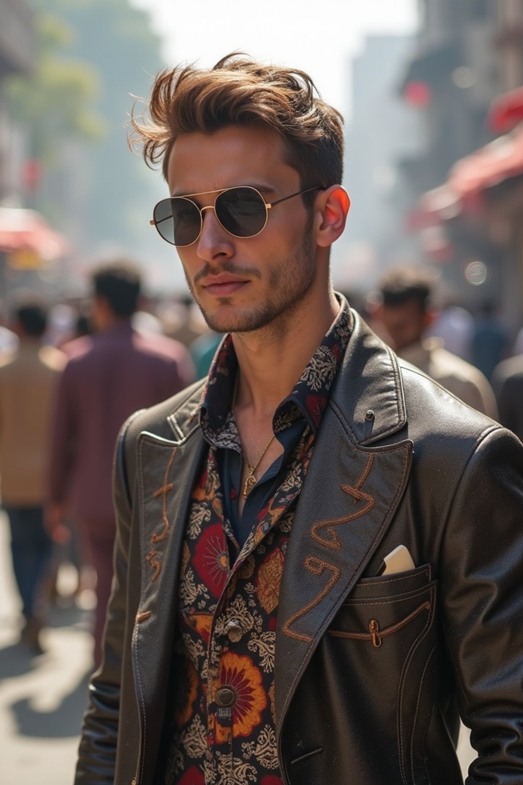 sharp and trendy man in Mumbai wearing a contemporary fusion outfit, bustling streets of Mumbai in the background