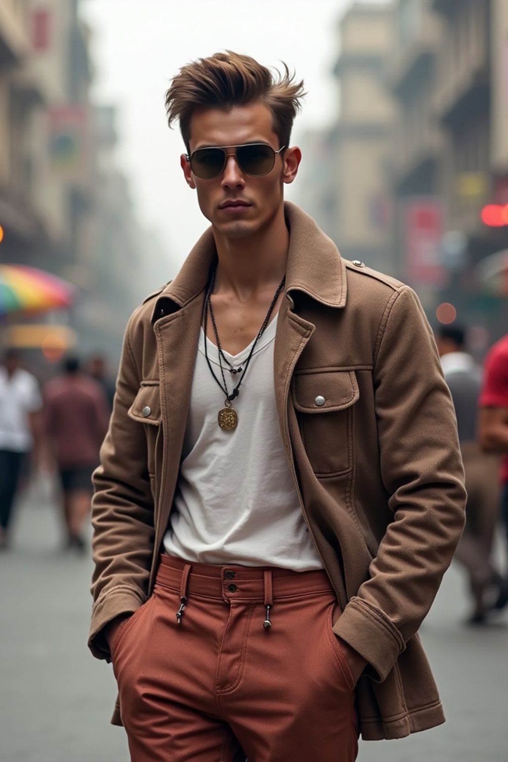 sharp and trendy man in Mumbai wearing a contemporary fusion outfit, bustling streets of Mumbai in the background