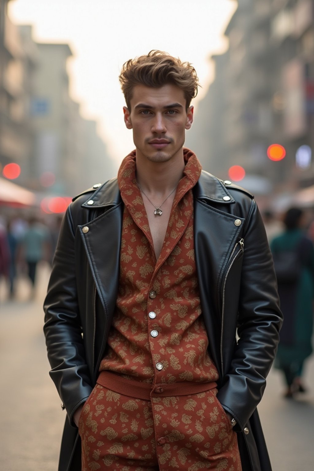 sharp and trendy man in Mumbai wearing a contemporary fusion outfit, bustling streets of Mumbai in the background