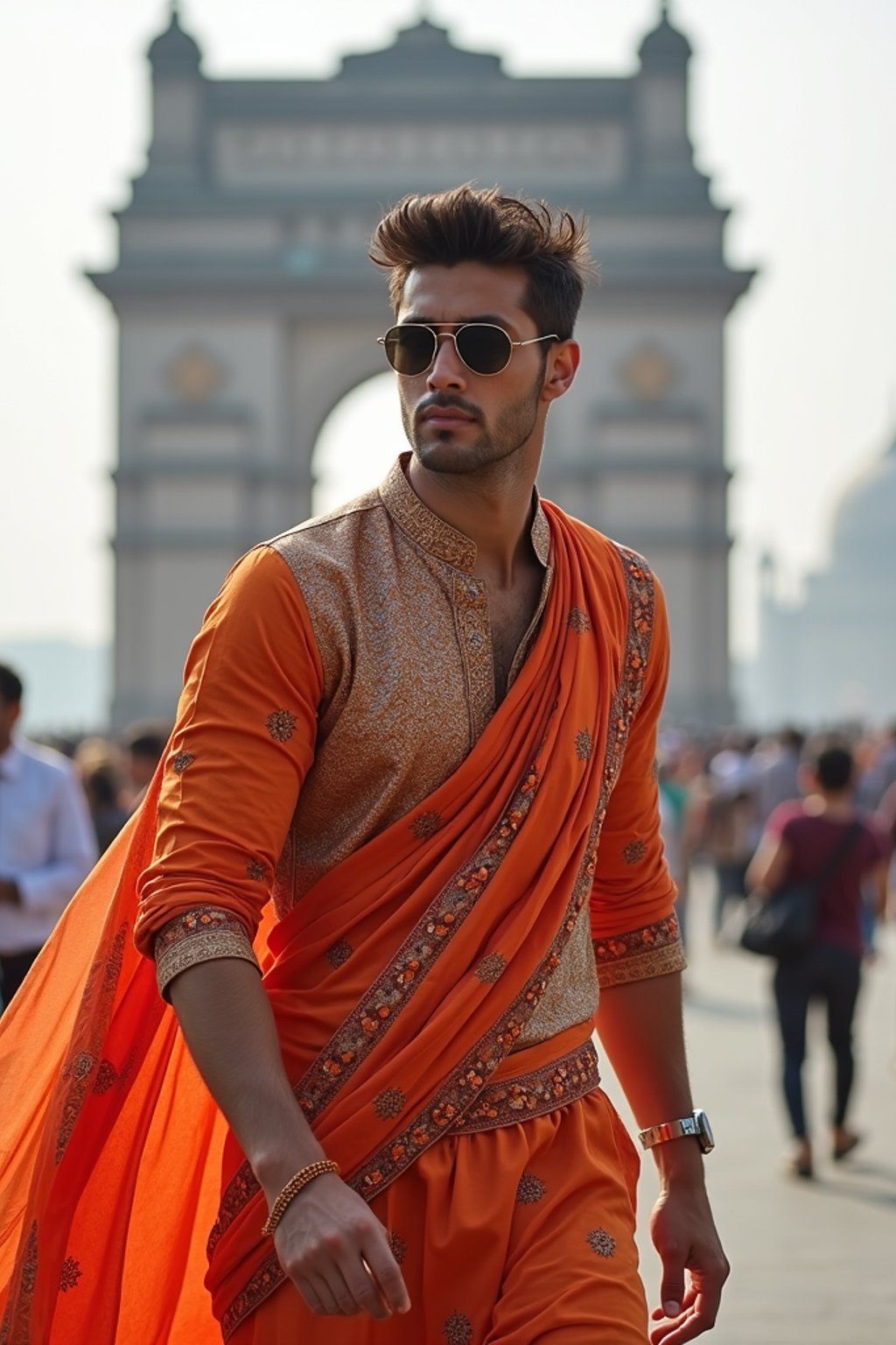 sharp and trendy man in Mumbai wearing a vibrant saree/kurta, Gateway of India in the background