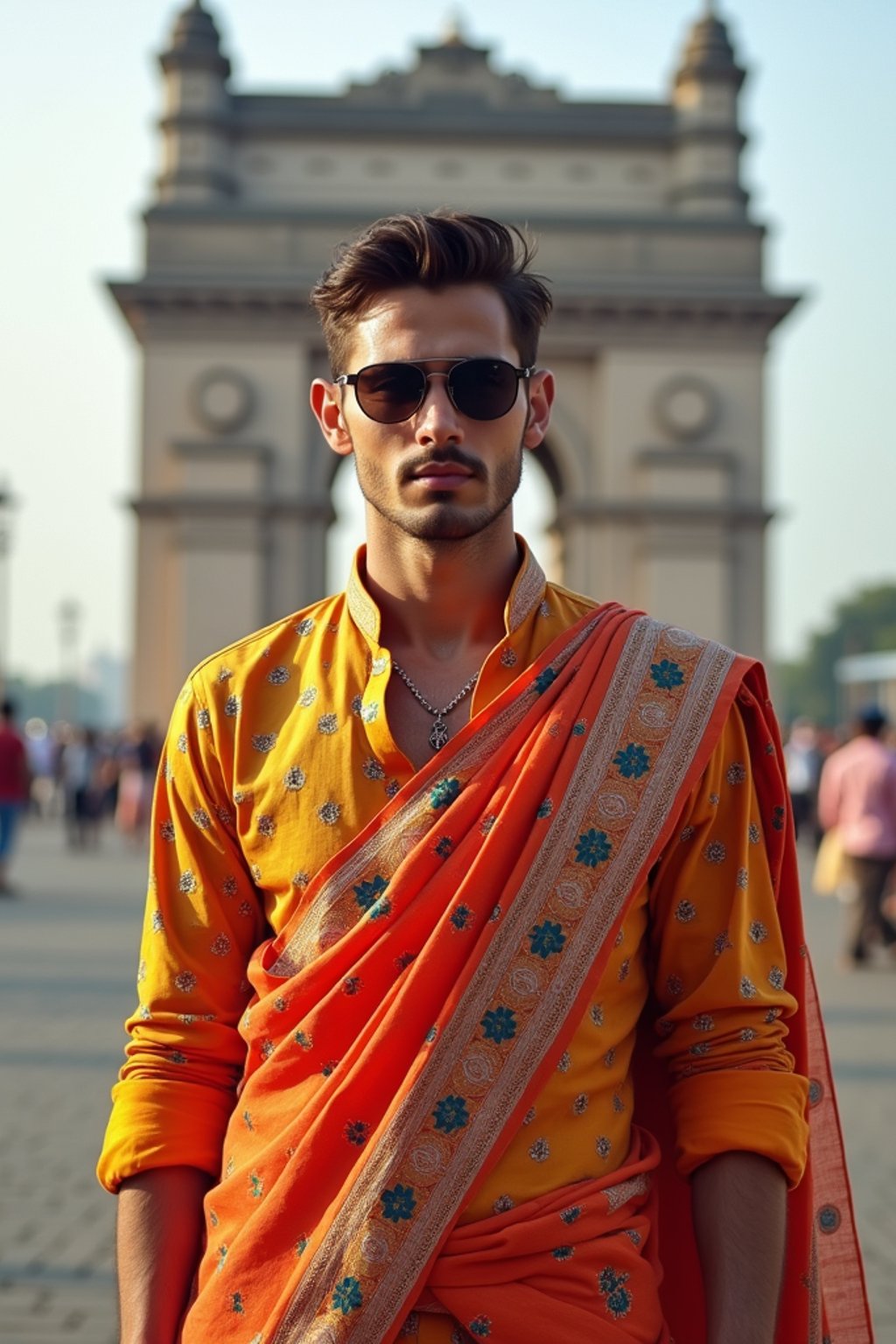 sharp and trendy man in Mumbai wearing a vibrant saree/kurta, Gateway of India in the background