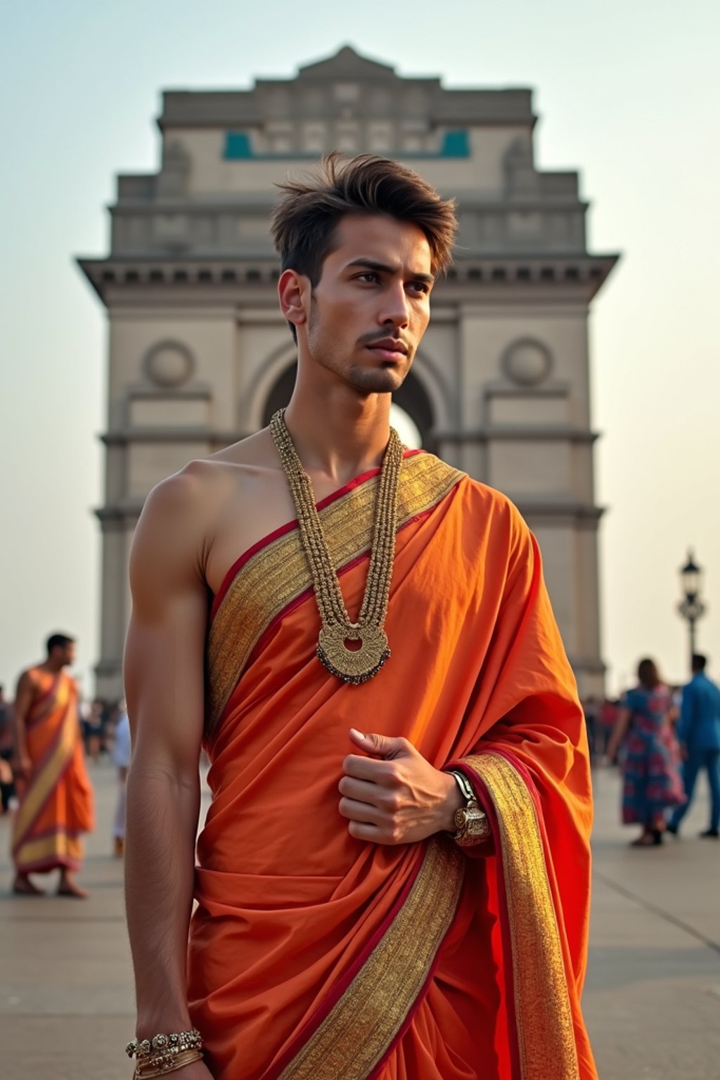 sharp and trendy man in Mumbai wearing a vibrant saree/kurta, Gateway of India in the background