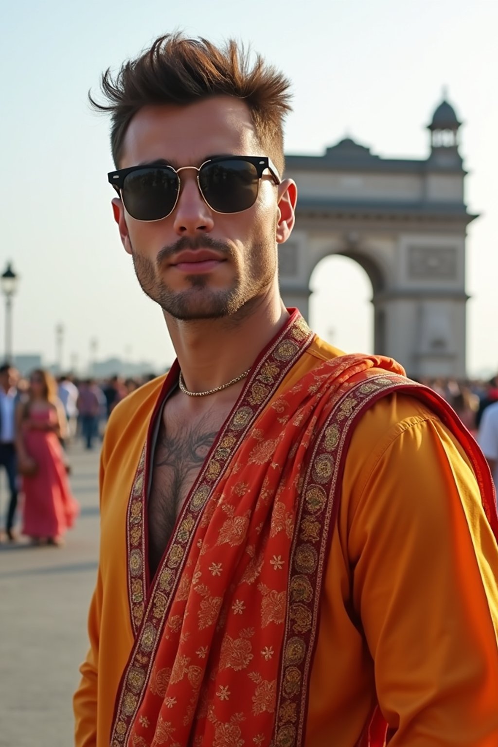 sharp and trendy man in Mumbai wearing a vibrant saree/kurta, Gateway of India in the background