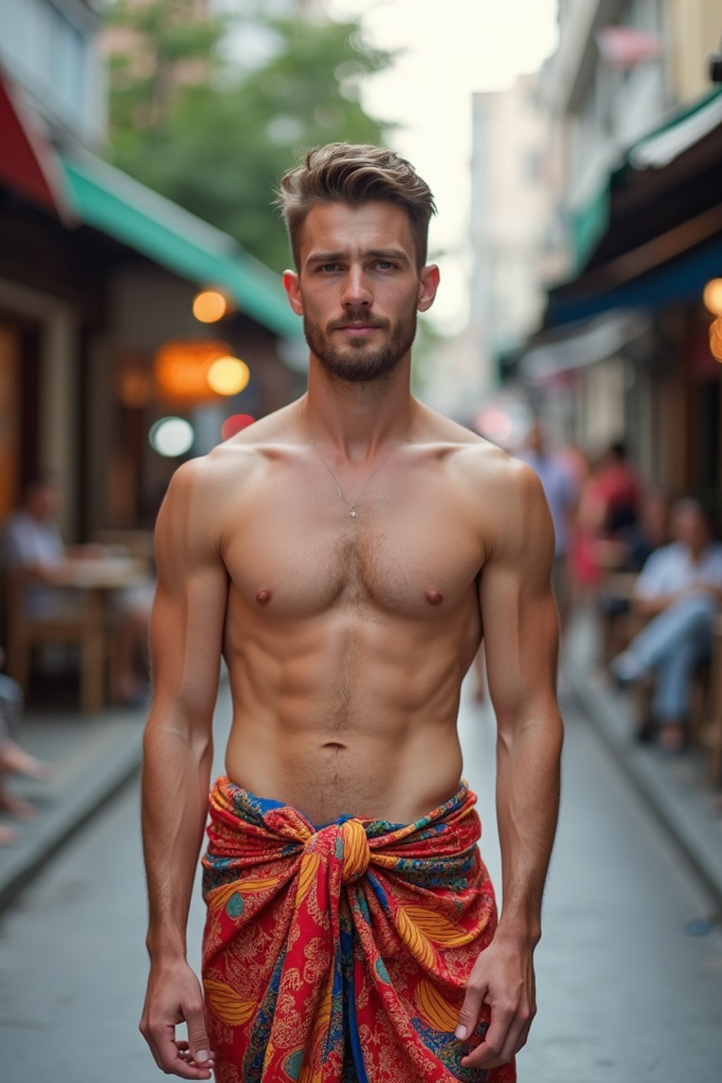 sharp and trendy man in Thailand wearing a vibrant sarong, Bangkok in the background